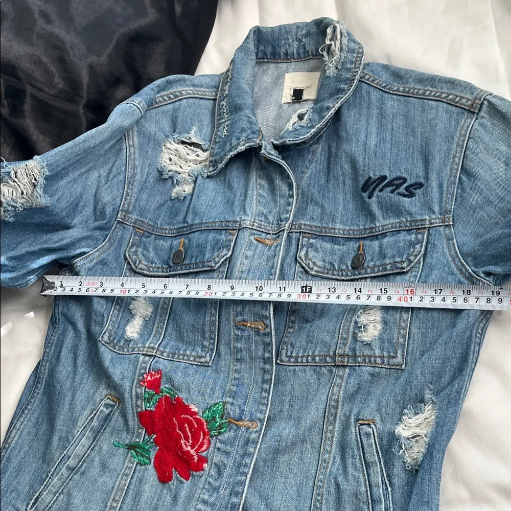 Distressed Blue Denim Jacket with Red Rose Embroidery- HIDDEN. - Picture 10 of 12